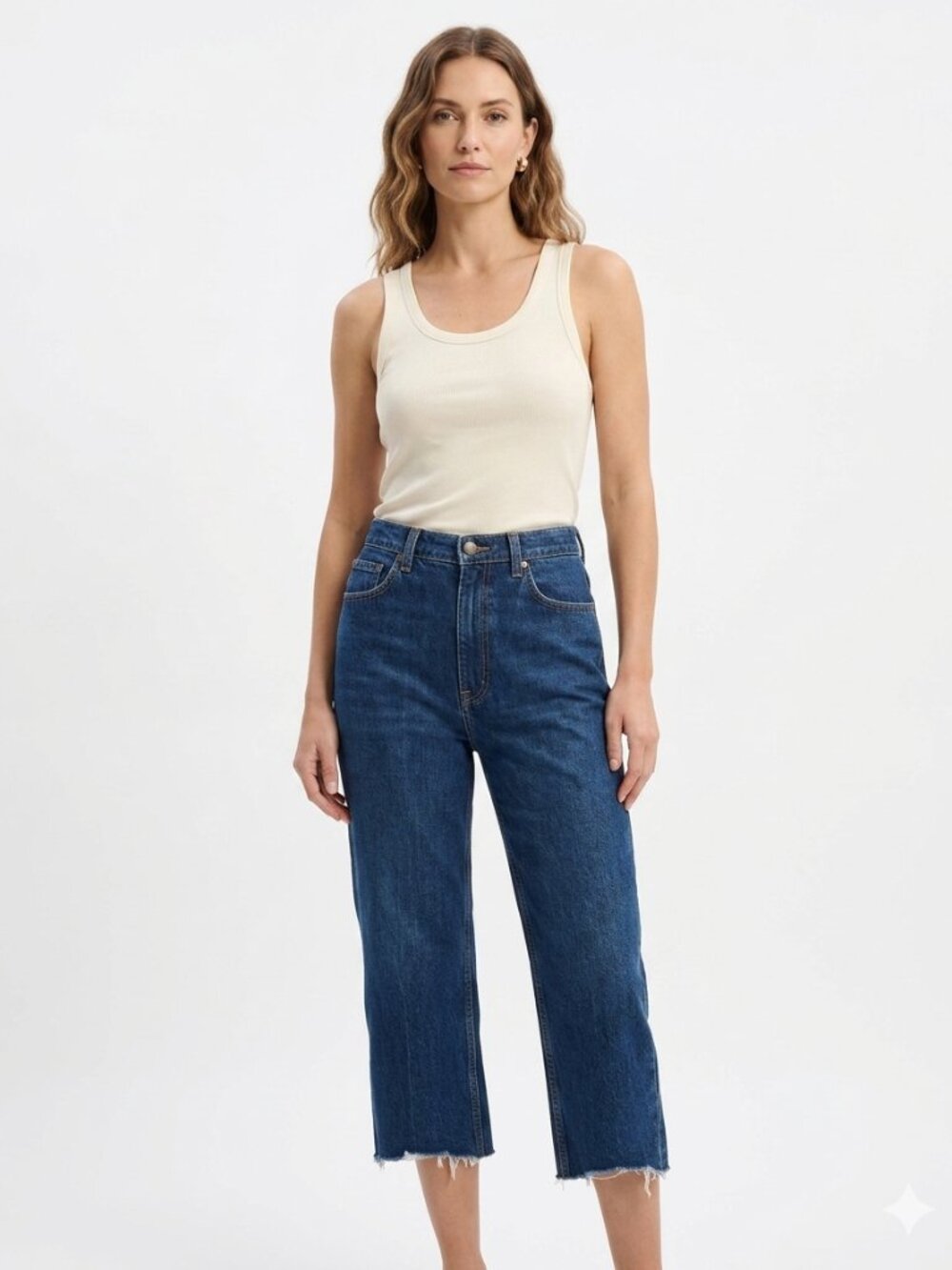 American APPAREL HIGH WAISTED RAW CROPPED HEM DENIM JEANS - 31